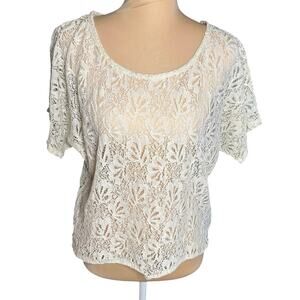 BCX Ivory Floral Lace Crochet Top Women's Size L Boho Sheer Cream Blouse Cottage
